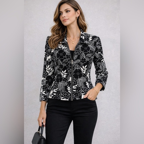 Parisian Signature Jackets & Blazers - Parisian Signature Floral Zip Front Jacket Medium Black White Career Blazer
